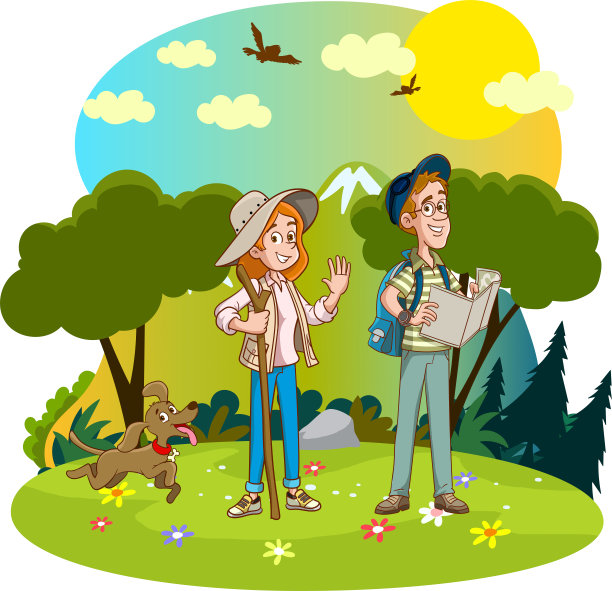一对夫妇在山上徒步旅行。男人女人和狗走路图片下载