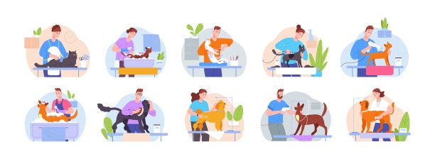 美容师服务。猫狗宠物在猫或犬美容美发沙龙理发，美容的概念，人洗猫烘干机为动物护理矢量插图图片下载