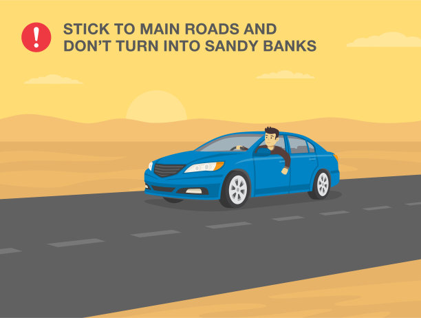 沙漠驾驶技巧和规则。年轻的司机开着轿车穿过沙漠公路，从打开的窗户往外看。人物从前面的窗户往外看。图片下载