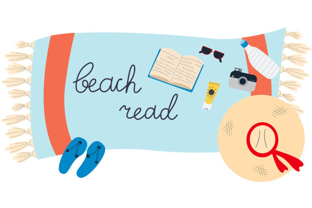 沙滩巾，书，太阳镜，人字拖，帽子，照相机，防晒霜，瓶子。海滩上阅读。放松时间阅读。图片下载