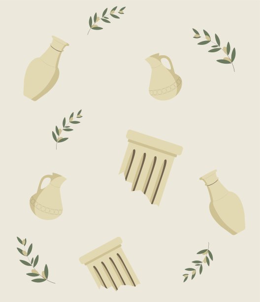 古希腊花瓶和橄榄枝的无缝图案。明信片图片下载