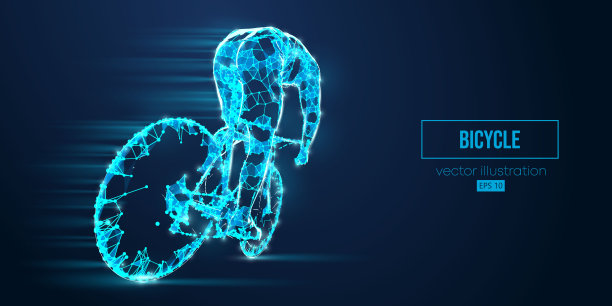 抽象线框轮廓公路自行车赛车从三角形和粒子在蓝色背景。一个人独自骑着运动自行车。自行车运动交通工具。矢量图图片下载