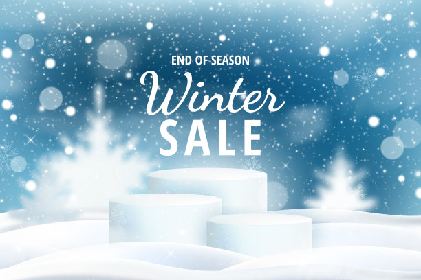冬雪品讲台，雪花飘落。3d空化妆舞台或平台，新年特卖，圣诞假期折扣横幅与冰架。矢量背景逼真模板图片下载