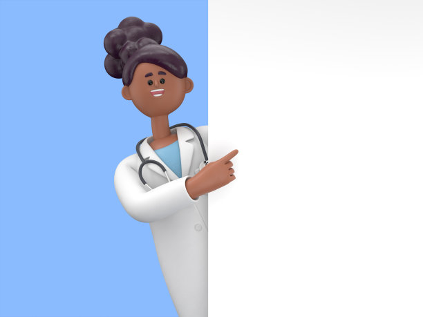3D插图女医生朱丽叶指着空白的演示文稿或信息板。靠近肖像的可爱卡通微笑的商人与广告牌。图片下载