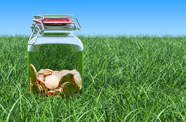 绿草蓝天衬托下，玻璃罐上的金币，3D渲染图片下载