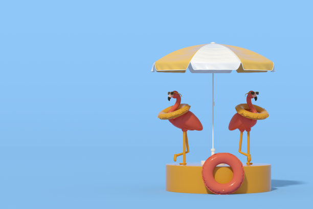 充气火烈鸟与太阳镜和游泳环在岛上最小的夏季旅游假期背景图片下载