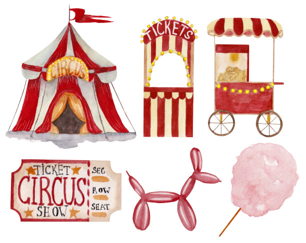 水彩收藏，明亮的马戏团帐篷，爆米花机，气球，票，棉花糖和售票处孤立在白色的背景。图片下载