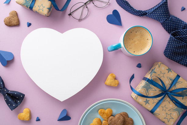 父亲节快乐!请爸爸吃自制早餐。从顶视图，看到令人垂涎的饼干，泡沫饮料，衷心的配件，如领带，眼镜，礼品盒上丁香背景与心脏为您的广告图片下载