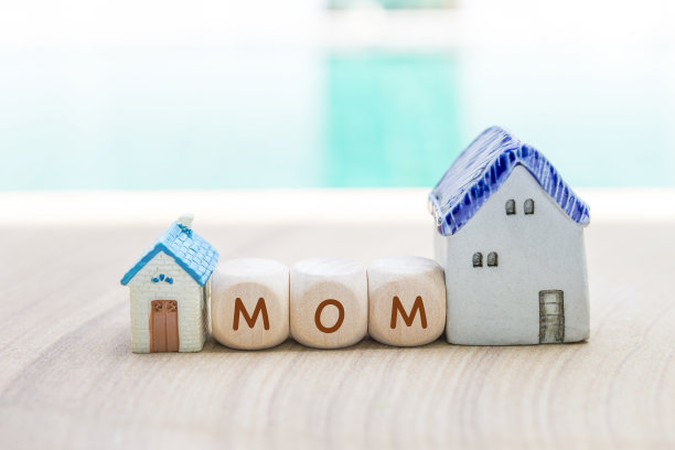 妈妈文字木制立方体与微型房子在模糊的背景图片下载