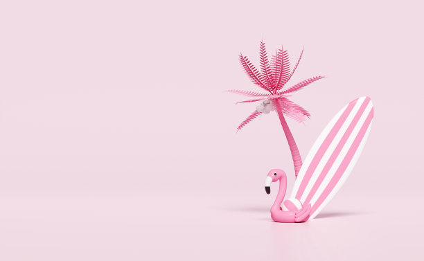 3d夏季旅行与火烈鸟，球，椰子树，冲浪板孤立的粉红色粉彩背景。复制空间概念，3d渲染插图图片下载