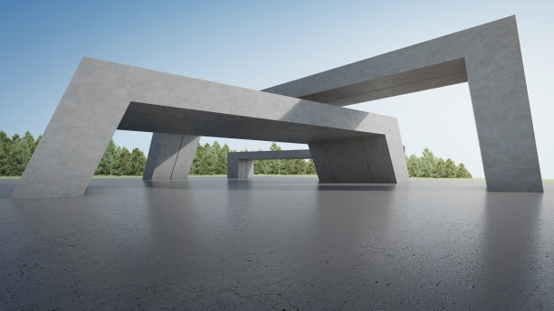 现代建筑抽象建筑设计。空停车场地板和混凝土墙与蓝天景观。图片下载