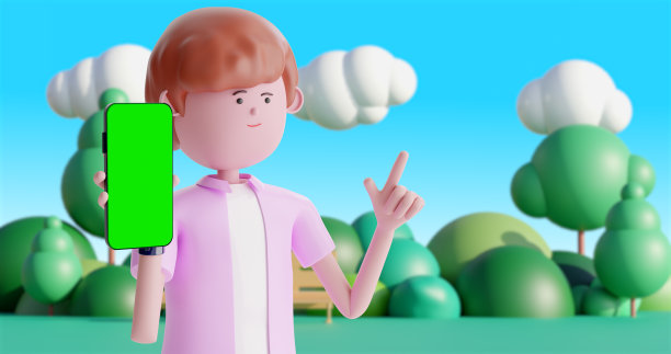 3d人卡通智能手机绿屏。copyspace。3 d渲染。图片下载