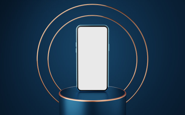 蓝色手机在圆柱体基座上，金色边框和2个铜圈在蓝色背景上。最小工作室3d。基座模拟空间为现代。带有空白屏幕的智能手机。3 d渲染。图片下载