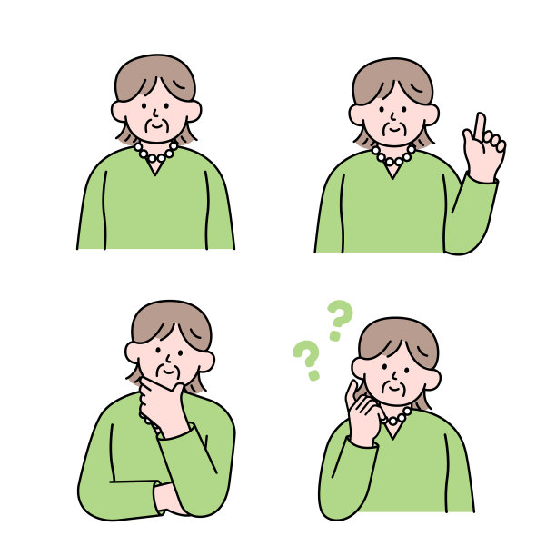 一位年长的妇女摆出思考的姿势，提问并用手指着，简约风格矢量插画图片下载