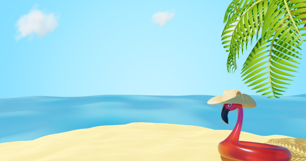 热带景观。粉色充气火烈鸟夏沙海棕榈。三维渲染图片下载