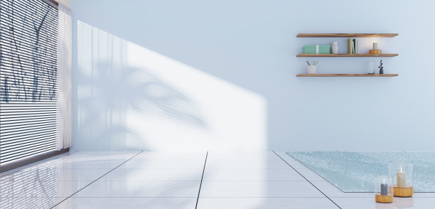 柔和的房间，房间周围点着蜡烛，地板上铺着地毯。窗外是冬天的雪景3D插图图片下载