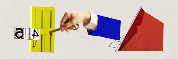 人的手握着钥匙，打开门。专业知识，获取信息。当代艺术拼贴。图片下载