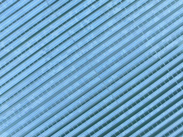 鸟瞰水中整齐排列的太阳能电池板图片下载