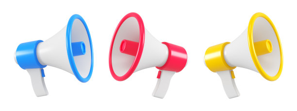 一套三色扩音器隔离。贴近突发新闻隐喻，披露信息概念。3 d渲染。图片下载