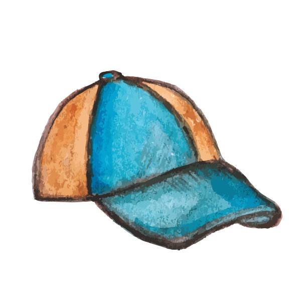 时尚的蓝橙色棉帽孤立在白色的背景。旅游休闲头饰水彩画。图片下载