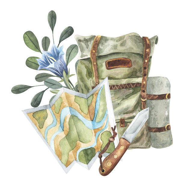 森林树叶，风信子，地图，小刀，背包插图。艺术复古水彩背包林地卡，自然设计。隔离在白色背景上图片下载