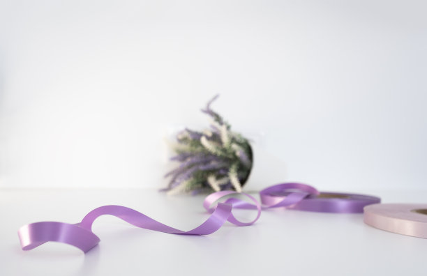 两卷缎带用于淡紫色和紫色的标签或品牌。服装生产。图片下载