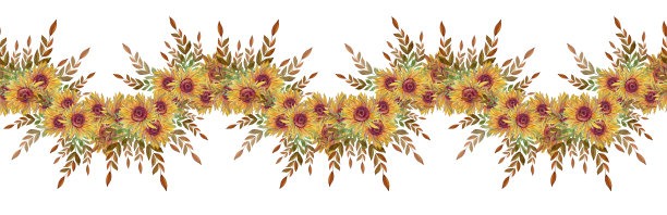 无缝边缘与水彩花束花向日葵和树枝与树叶在白色的背景。画框或织物的手绘边框。秋天的婚礼庆典。包装或墙纸图片下载