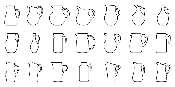 水壶线性图标。一组壶的剪影孤立。水壶图标。图片下载