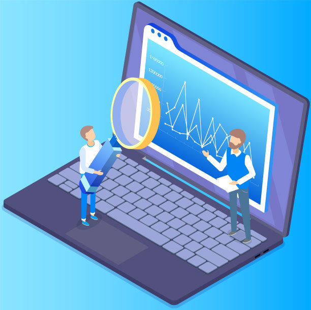 男性角色在笔记本电脑上搜索信息，使用带放大镜的移动应用程序图片下载