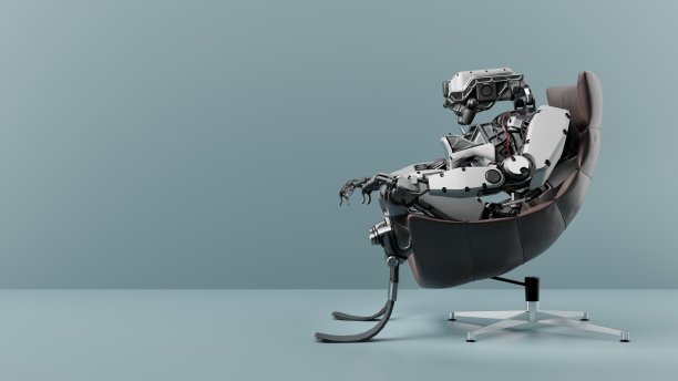 人形机器人坐在椅子上，半机械人在日常生活中，幻想，3d渲染图片下载