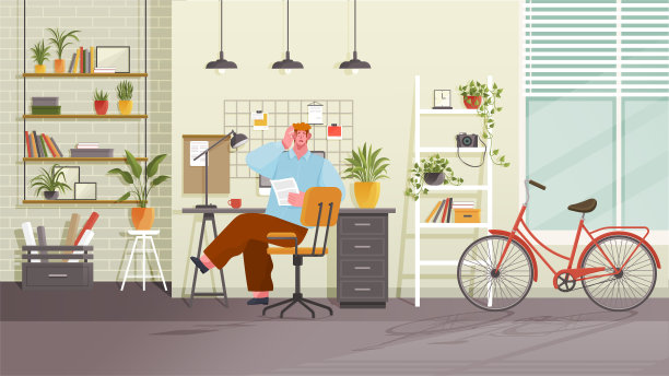 男人在家办公，舒适的现代工作场所，房间里有自行车和室内植物。疲惫的员工图片下载