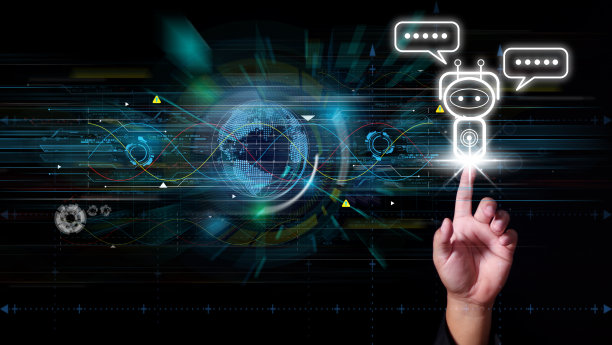 与人工智能聊天。人类使用人工智能技术智能机器人AI，人工智能通过输入命令提示符来生成一些东西，未来科技转型。图片下载