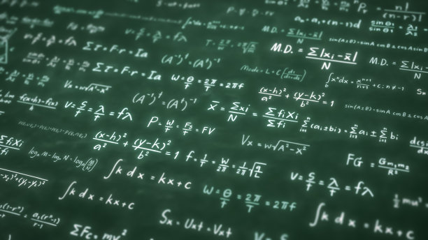 物理方程概念，数学计算，科学公式，算术和手写几何符号，黑板背景下手写粉笔研究，三维渲染图片下载