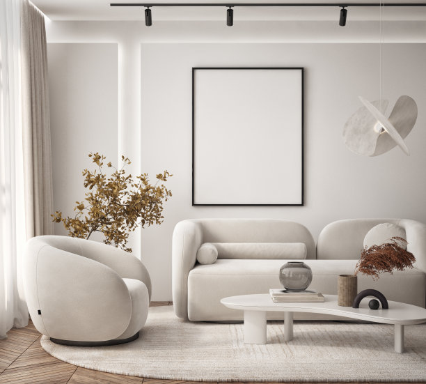 客厅墙上的海报框架模型。豪华的公寓背景与当代设计。现代室内设计。3D渲染，3D插图图片下载