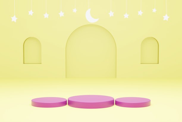 3d平台紫色与黄色背景星和新月白色。斋月，斋月，开斋节和伊斯兰概念。三维插图渲染图片下载