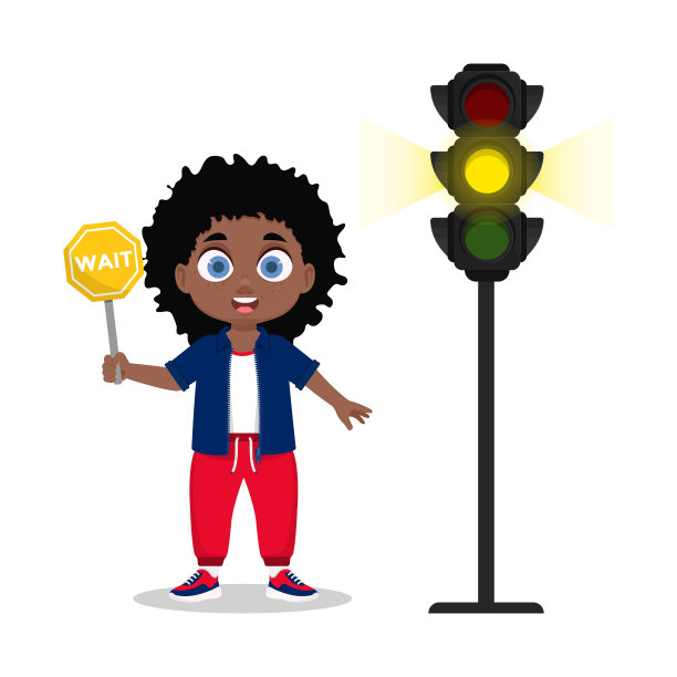 有一个等待标志的男孩。交通灯显示黄色信号。图片下载