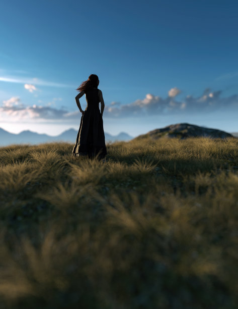 日落时分，身穿长裙的长发女子站在高地的田野里。3 d渲染。图片下载