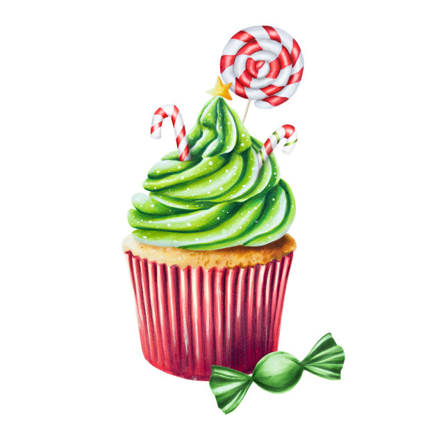 水彩圣诞甜松饼与奶油和糖果。新年手绘红绿纸杯蛋糕孤立在白色背景上。用于设计师、食品装饰、菜单、店铺，用于明信片、包装纸、封面。海报及纺织品图片下载