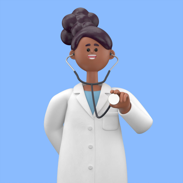 女医生朱丽叶手持听诊器的3D插图。在蓝色背景上隔离的医学演示剪贴画图片下载