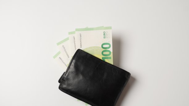 白色背景上的装有欧元的黑色钱包图片下载