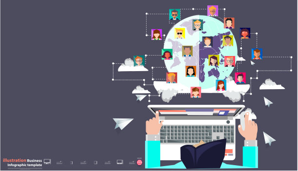 商人联系沟通世界各地。想法和概念思考创意现代设计矢量。信息图模板。图片下载