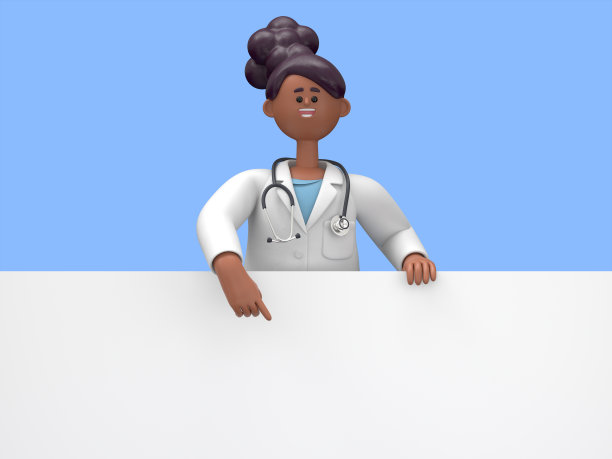 3D插图女医生朱丽叶指着空白的演示文稿或信息板。靠近肖像的可爱卡通微笑的商人与广告牌。图片下载