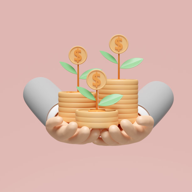 3d商人双手持有堆硬币堆栈与树孤立的粉红色粉彩背景。财务成功和增长或省钱的概念，3d渲染插图，剪辑路径图片下载