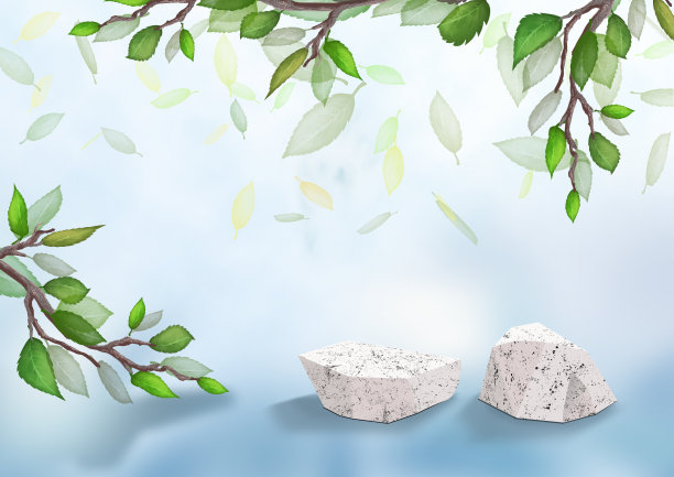 展览平台。3 d背景。组白色的石头基座。代表化妆品。落叶。3 d渲染。春天的树枝。蓝色系列图片下载