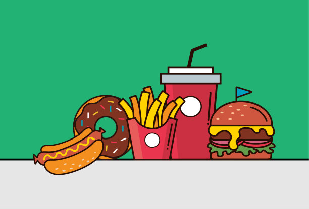 快餐套餐送餐。经典芝士汉堡、薯条、热狗、巧克力甜甜圈和软饮料。图片下载