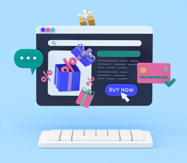 3d在线购物网页与礼盒漂浮在周围。销售、电子商务、折扣、特惠、营销、节约理念。3d渲染插图。图片下载