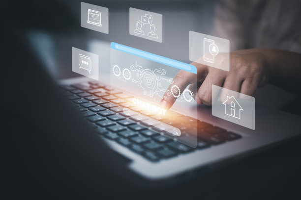 商人手持笔记本电脑和触摸聊天机器人与AI聊天，人工智能，系统人工智能，人工智能聊天机器人，数字聊天机器人，机器人应用，对话图片下载