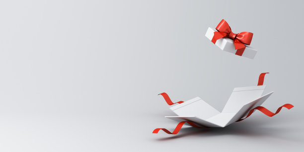 打开白色的礼物盒或礼盒与红丝带和蝴蝶结隔离在白色灰色的背景与阴影最小的概念3D渲染图片下载