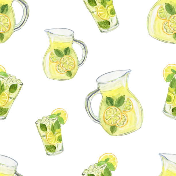 水彩柠檬水无缝图案上的白色。柠檬饮料印花图片下载