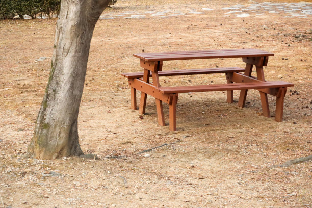 公园里树下的野餐桌、长椅图片下载